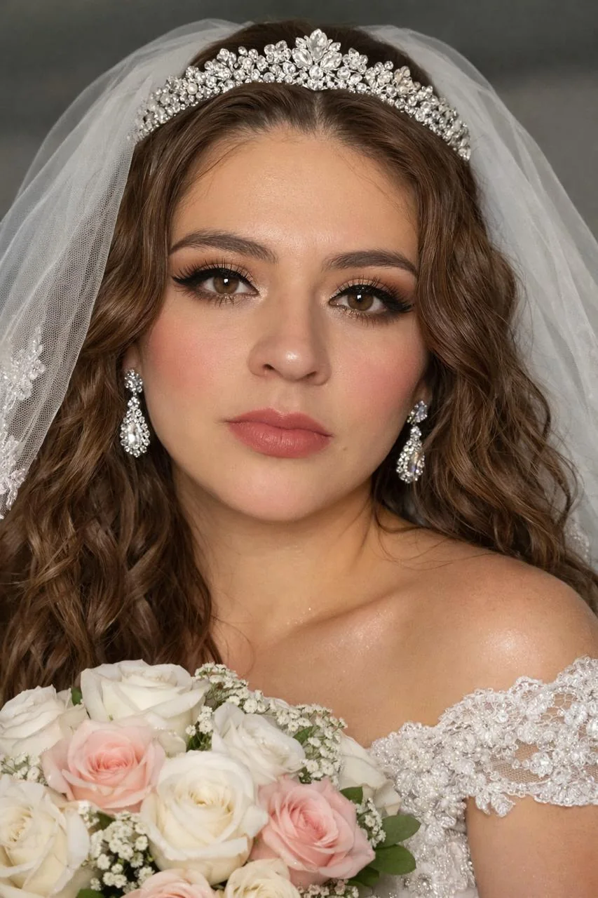 Novia con tiara, maquillaje natural y peinado ondulado