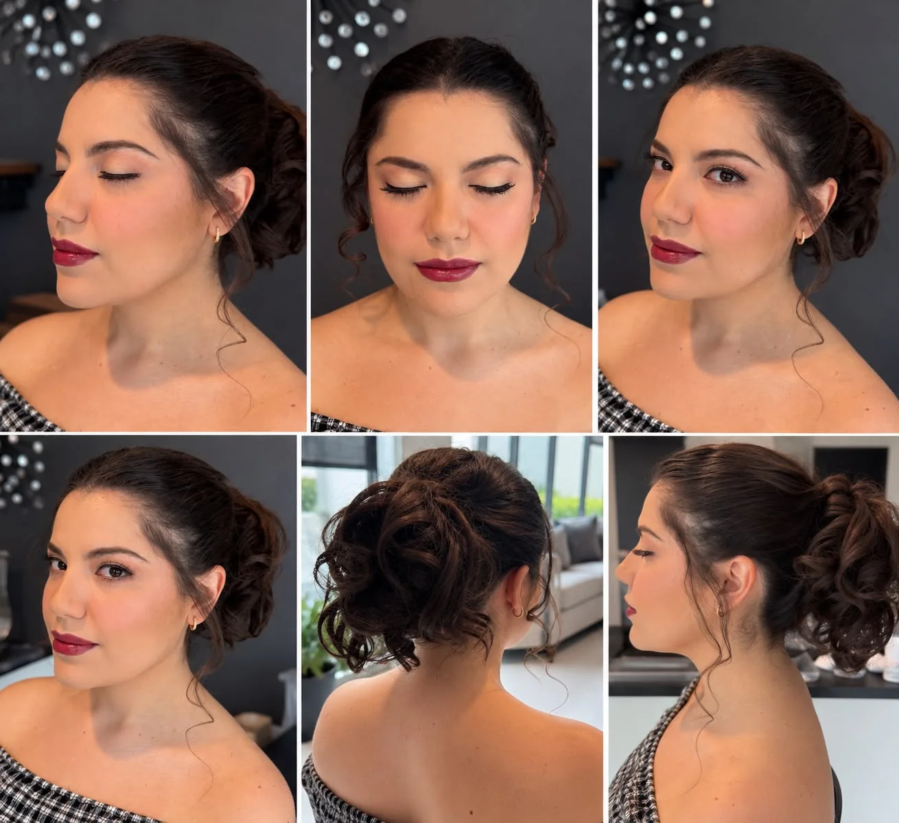 Seis ángulos de un mismo look: maquillaje con labios borgoña y recogido con rizos suaves